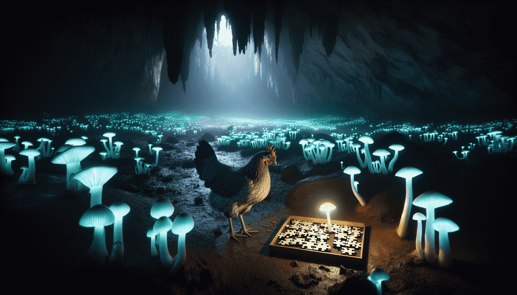 Ein Huhn löst ein Rätsel in einer dunklen Höhle mit leuchtenden Pilzen