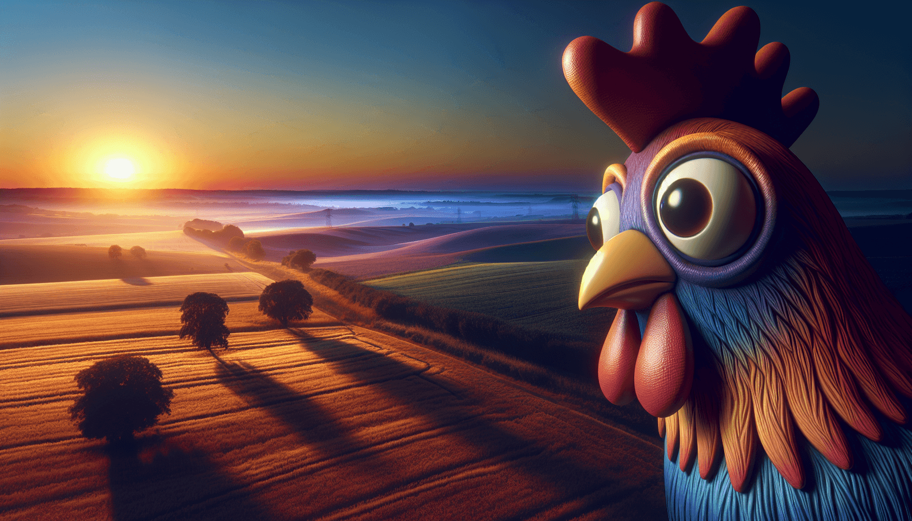 Ein Huhn blickt auf den Horizont in einer friedlichen Landschaft